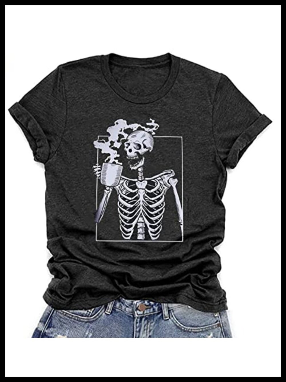 Skeleton Coffee Halloween Graphic Tee Short Sleeve Cotton Blend Women's Top